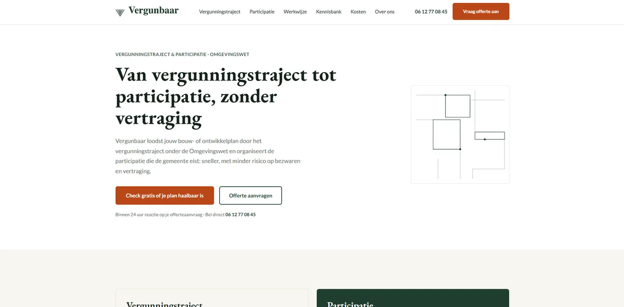 Homepage van Vergunbaar met de kop Van vergunningstraject tot participatie, zonder vertraging